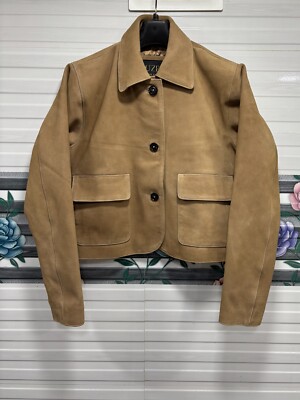 Women 100% Real Suede Leather Cropped Jacket Short Biker Jacket Camel Beige Coat