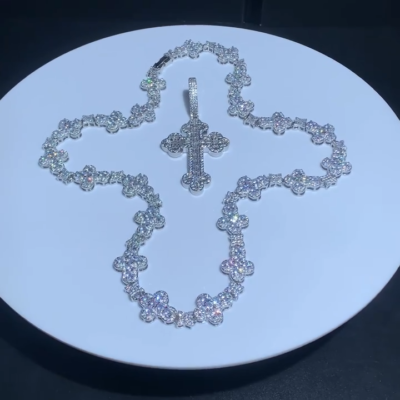 Cross Iced Out CZ Pendant Hip Hop Bling Star Link Chain