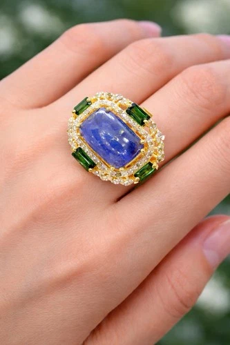 Natural Tanzanite Ring with Green Tourmaline & Diamond Accents | 18K Gold Plated