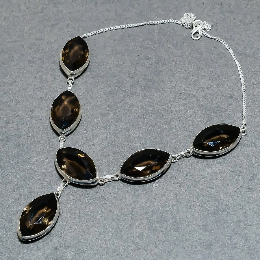Smoky Quartz Marquise Shape Gemstone Handmade Ethnic Christmas Gift Necklace 18" - Image 4 of 4