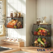 Stackable Wall-mounted Wire Storage Baskets W/ Wood Lid Kitchen Bathroom New