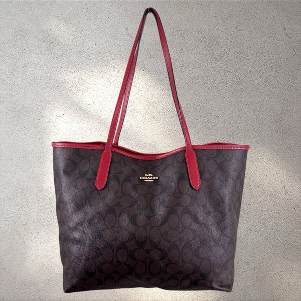 COACH City Tote Bag Signature Coated Canvas Brown Red Luxury Shoulder Bag 5696