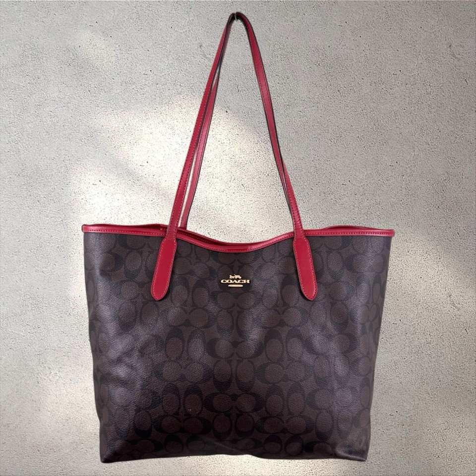 COACH City Tote Bag Signature Coated Canvas Brown Red Luxury Shoulder Bag 5696