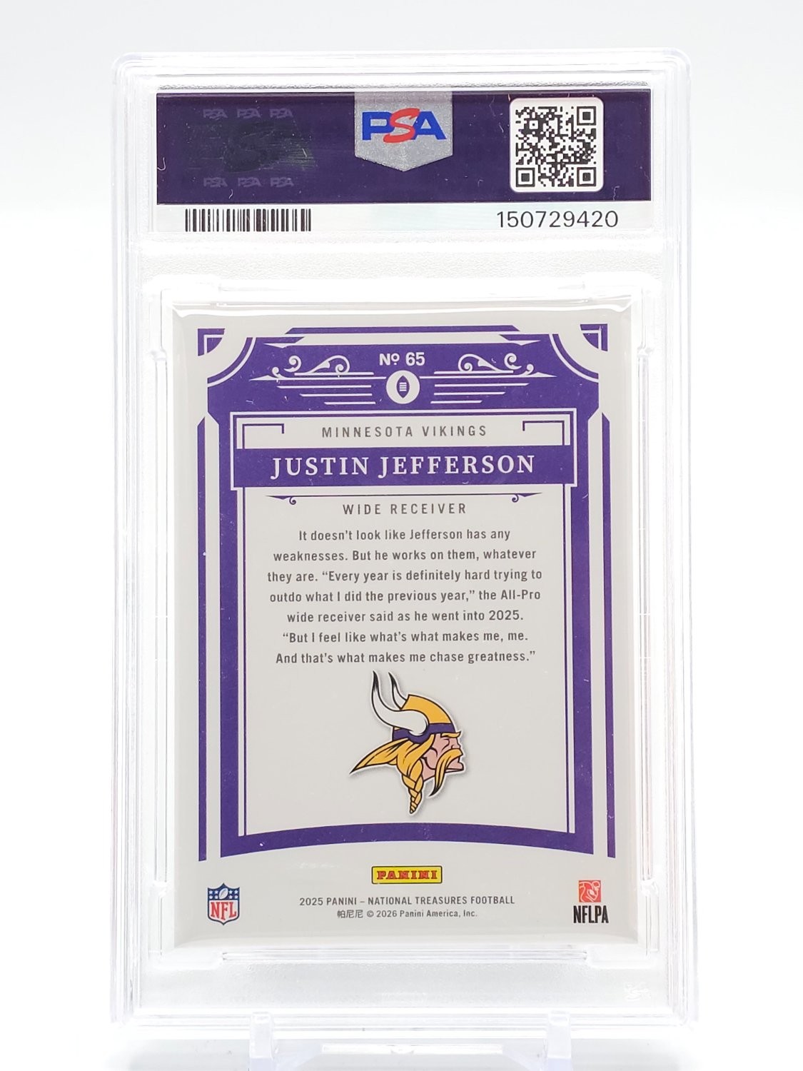 JUSTIN JEFFERSON 2025 NATIONAL TREASURES FOOTBALL /99 #65 VIKINGS PSA 9 Q7278 view 2