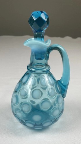 Fenton blau opalisierend Glas Münze Punkte Krug 6,75" hoch mit Stopfen LESEN