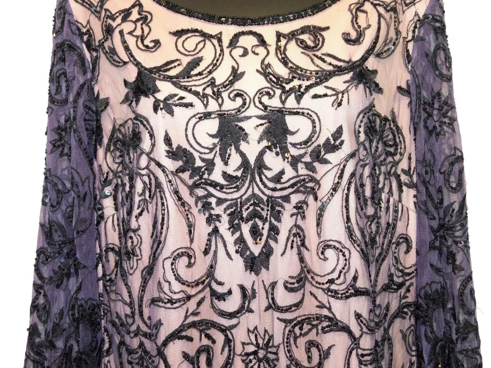 Vestido Pisarro Nights Talla 10 Púrpura Negro Cuentas Bordado Funda Cachicho Foto 4 de 4