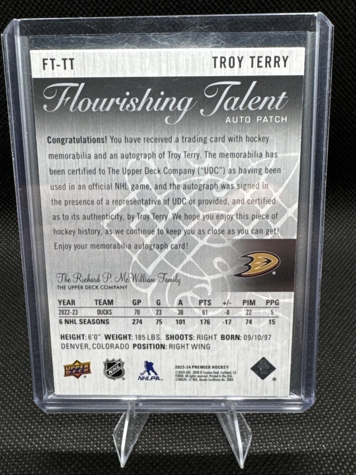 2023-24 UD Premier Hockey - Troy Terry 59/99 - Flourishing Talent Anaheim Ducks - Image 4 of 4
