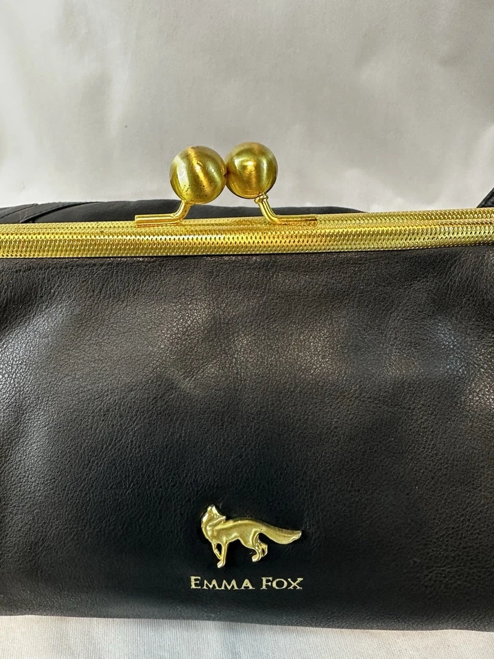 Emma Fox Kiss Lock Black Leather Handbag XL Size Gold Hardware Designer Purse - Image 3 of 4