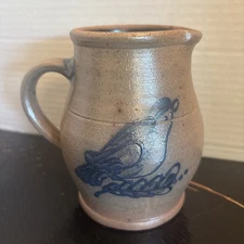 Vtg 1991 ROWE Pottery BLUEBIRD Pitcher Salt Glaze Gray Blue 5" Hi Tan Blue (a11