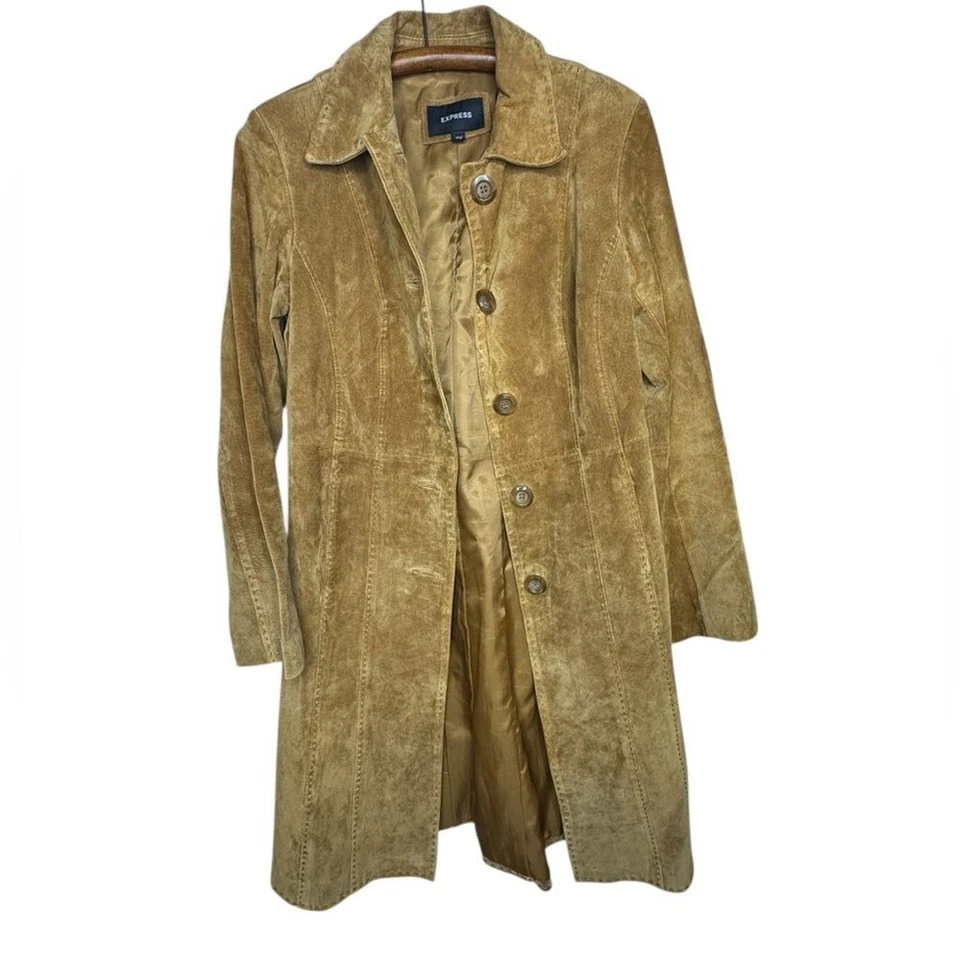 Vintage Express Suede Leather Duster Jacket Trench Coat camel size 7/8 - Изображение 2 из 4