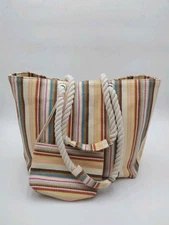 Sun ‘n’ Sand Beige Straw Shoulder Tote Beach Pool Bag Colorful Stripes Zip