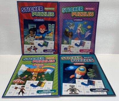 4 Sticker Puzzles Carnival, Spacebots Mermaids & Superhero Fun Kids Puzzle Books