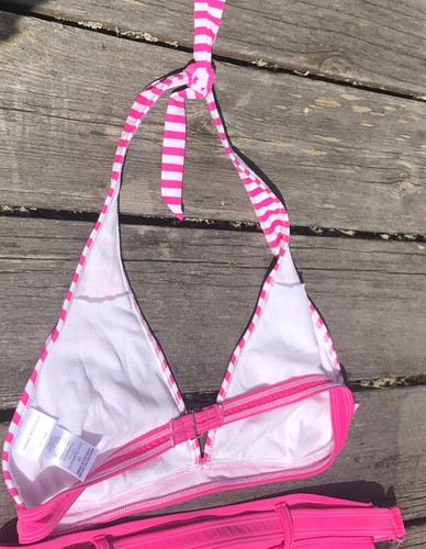 Isaac Mizrahi Womens Bikini Halter Top Belted Bottom Hot Pink Barbie Stripes XL - Picture 4 of 6