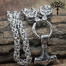 Wolf Paw Head Men Nordic viking with Mjolnir hammer pendant necklace King chain