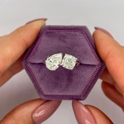 3Ctw Pear Cushion Cut Moissanite Two Stone Wedding Ring 14K White Gold Plated