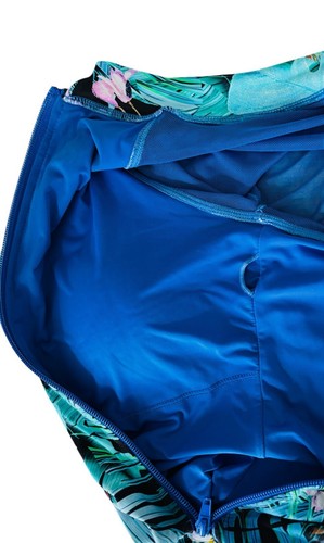 BEBE 1-PIECE SWIMSUIT, BLUE TROPICAL PRINT, SWAROVSKI CRYSTAL LOGO, ZIP, SZ M - Picture 6 of 6