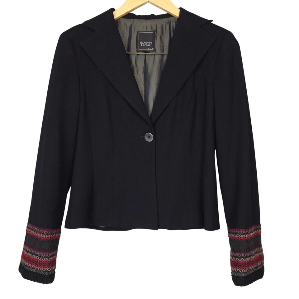 Nanette Lepore Women's Blazer Sz 4 Embroidered Crochet Sleeves Office Formal - Image 3 of 4