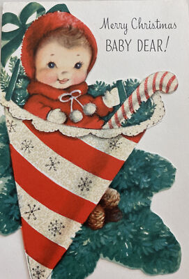 60s Tiny Cooper Baby Tucked Inside Glitter Victorian Cone Vtg XMAS Card USED