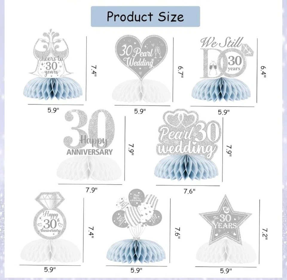 Decoraciones de fiesta 30 aniversario, plata, azul claro Foto 3 de 4
