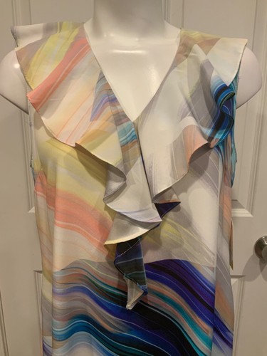 Amanda Uprichard Multicolor Striped V-Neck Silk Shift Dress W/ Ruffle, Size M - Picture 2 of 6