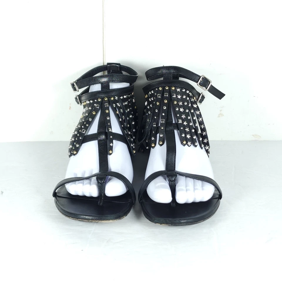 Saint Laurent Women's US8,5 EU39 Black Leather Studded Fringe Gladiator Sandals - Image 4 of 4