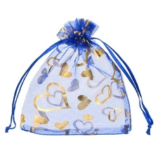 50 Pcs Organza Bag 4"x5" Sheer Heart Mesh Bags Drawstring Bright Blue-Gold