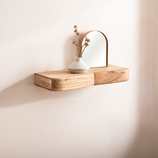 Wandregal Akazie 60Cm HäNgeregal Mit Schublade Holz Wandboard Regal FüR Die Wand-image