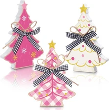 Bucherry 3 Pcs Pink Wooden Christmas Trees Tabletop Decor Rustic Wood... 
