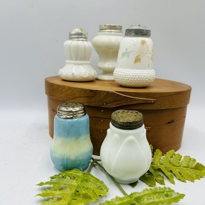 5 Antique Eapg Milk Glass Mixed Lot Salt Shakers