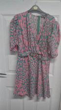 Girl In Mind Pink/Green Leopard Animal Print Wrap V-Neck Belted Dress 16