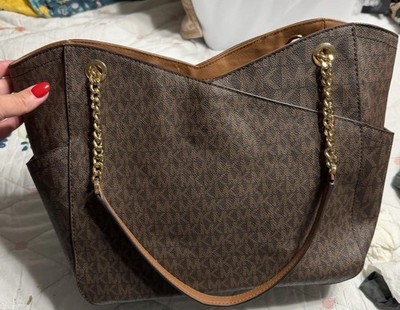 Michael Kors Jet Set Travel Brown Signature Leather Chain Tote Shoulder Bag