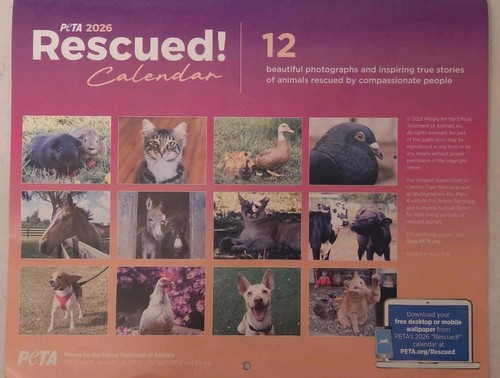 2026 PeTA gerettet! Wandkalender 11 x 17 Katzen Hunde Esel Pferde Hühner - Bild 2 von 3