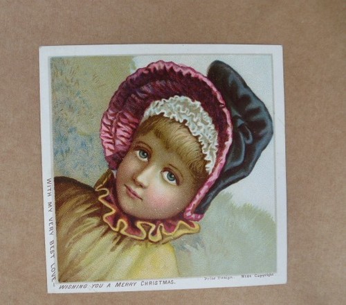 ORIGINAL VIKTORIANISCHE WEIHNACHTSKARTE PREIS DESIGN MÄDCHEN IN MÜTZE HUT