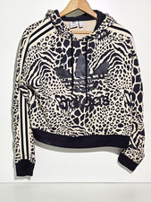 Adidas Originals Leopard Print Cropped Trefoil Large Logo Hoodie Top Size XS