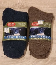 2 Pairs Clear Creek Marino Wool Medium Padding Boot Sock Men Size 6-12 Blue&Tan