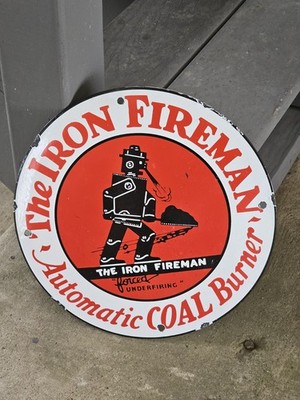 VINTAGE IRON FIREMAN PORCELAIN SIGN OLD HOUSE ROBOT COAL BURNING FURNACE 12''