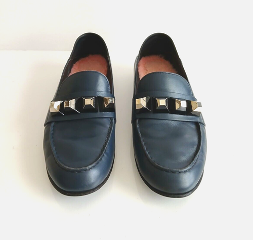 Fendi Women's size 8.5 Navy Leather Mocassins Loafer Fur pink Slip On Shoes