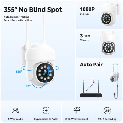 16CH 4K NVR 8 Pcs PTZ Cameras Wireless CCTV Security Camera System WiFi Audio US - Picture 2 of 10