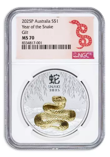 2025 Australia Lunar Year of the Snake Gilt 1 oz Silver Coin NGC MS70