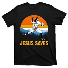 Jesus Saves Retro Baseball Pitcher T-Shirt