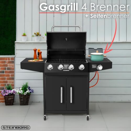 Gas Grill 4 Burner Grill Cart Gas Grill with Side Burner Illuminated Rotary Buttons - Picture 2 of 9