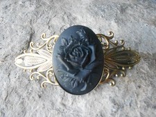 BLACK ROSE CAMEO ANTIQUED BRONZE FILIGREE BARRETTE - VICTORIAN LOOK, GOTH