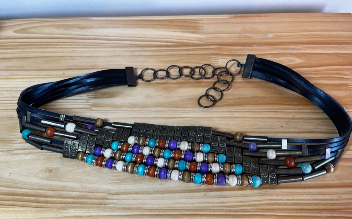 Vintage Faux Leather Metal Beads Boho Belt Multicolor Beaded 