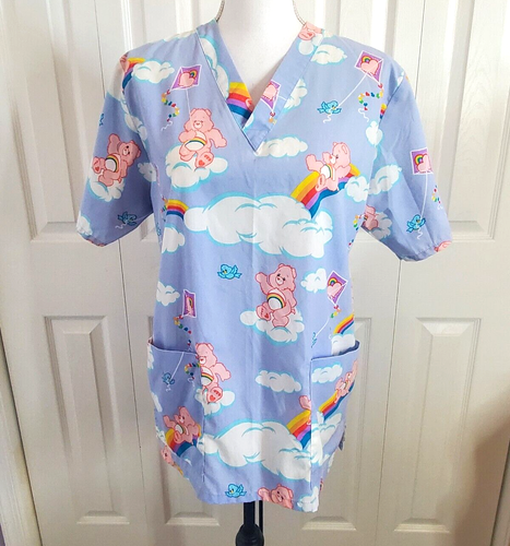 Care Bears Scrub Top Womens XS Medical Uniform Shirt Pockets Vet Dental Hospital