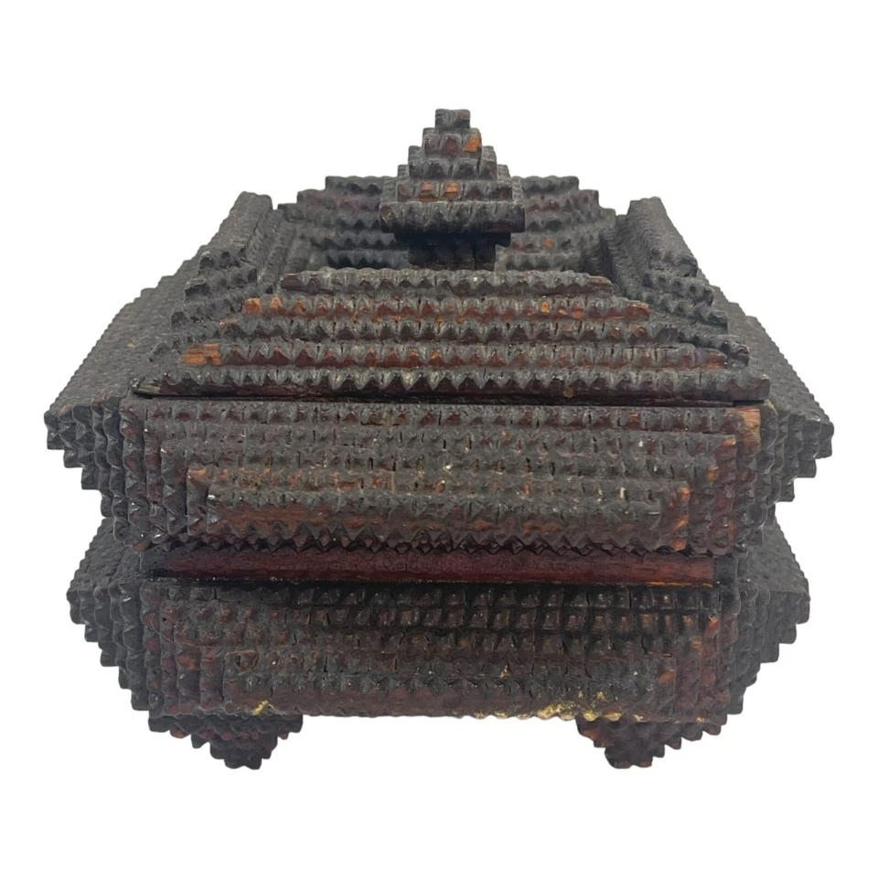 Antique c1900 Tramp Art Box w/ Pincushion Velvet Flip Top Chip Pyramid 6" Sewing - Image 2 of 4