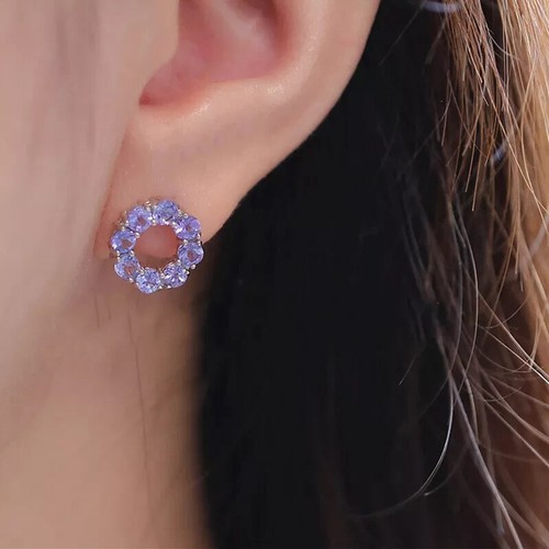 Natural Dainty Tanzanite Circle 925 Sterling Silver Claw Post Stud Earrings - Picture 9 of 10