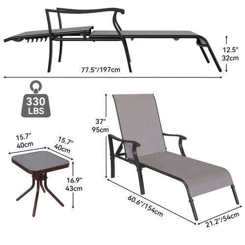 TAUS Set of 3 Outdoor Chaise Lounge Chair with Side Table Textile Chaise Lounger - Picture 2 of 5