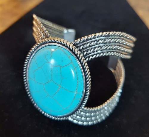 Turquoise Cuff Bracelet Silver Tone Costume Adjustable Large - Picture 2 of 10