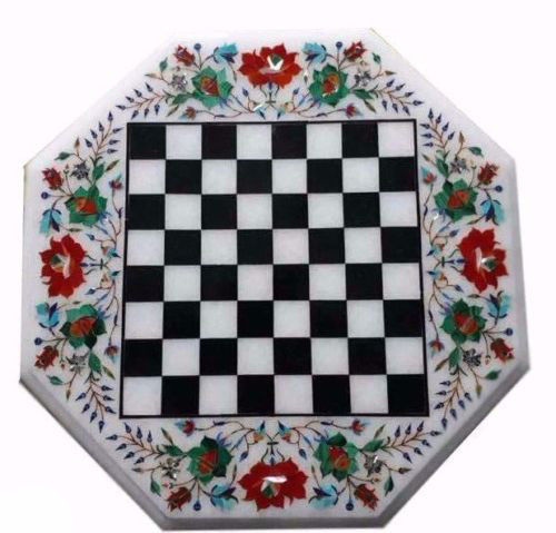18-inch Handmade Marble Chess Coffee Table with Pietra Dura Art Decor