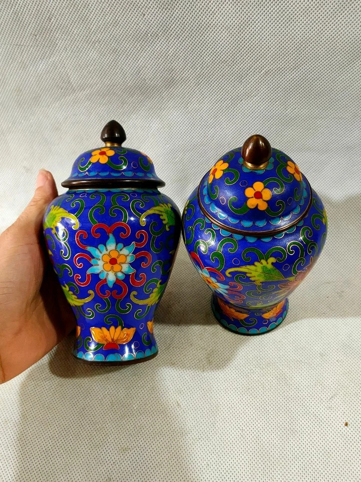 Exquisito par de macetas de cobre chino esmaltado Cloisonne hecho a mano 18599 Foto 4 de 4